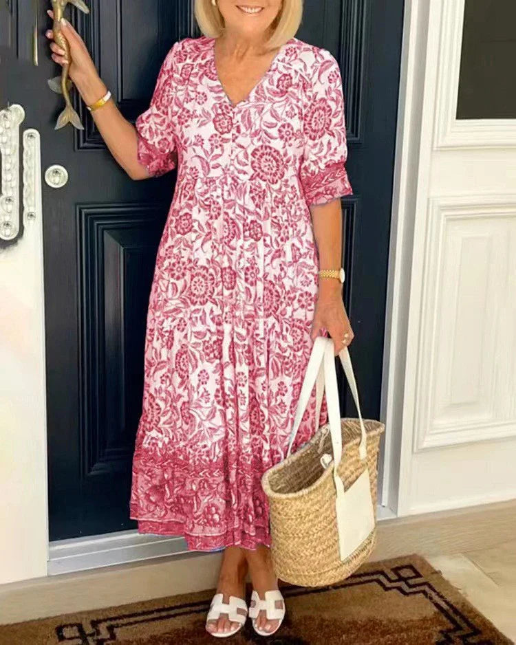 Maya™ | V-hals Kjole med Flæseærmer og Blomstermønster